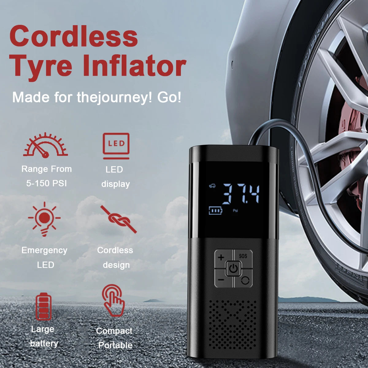 Upgraded Version Car Air Pump Cordless Portable Tire Inflator Mini Tyre Inflator 12V Car Air Compressor with Pressure Gauge