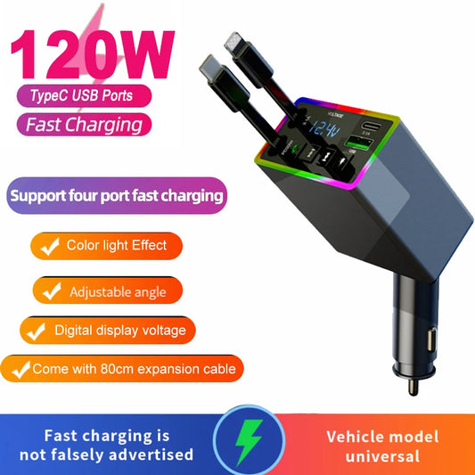 4in1 120W Retractable Car Charger for IOS Android Mobile Phone Fast Charge USB Type-C Power Adapter with Colorful Light